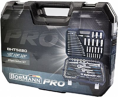 Σετ Κασετίνα με Καρυδάκια 1/2'', 1/4'' & 3/8'' με Καστάνια & Προέκταση 215Τεμ. Με Μύτες Γερμανικό Πολύγωνα - BORMANN Pro BHT5220