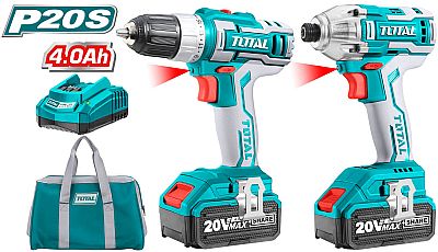 Επαγγελματικό Σετ Δραπανοκατσάβιδο + Παλμικό Κατσαβίδι, Με 2 Μπαταρίες 20V / 4Ah - TOTAL TCKLI2004