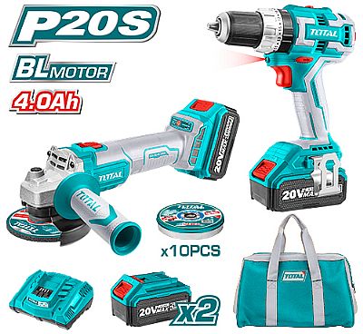 Σετ Δραπανοκατσάβιδο Κρουστικό + Γωνιακός Λειαντήρας Μπαταρίας 20V/ 2 Μπαταρίες 4Ah/ 10 Δίσκους κοπής/ Τσάντα μεταφοράς - TOTAL TCKLI6015